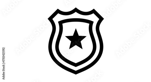 Police badge with star icon, vector illustration of law enforcement symbol, sheriff emblem, authority insignia, security shield, protection graphic, justice logo element on white background.