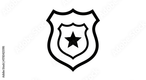 Black outline police badge with a star icon, representing law enforcement, security, authority, and protection on a clean white background.