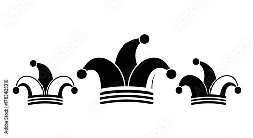 Jester hat three silhouette icon set. joker cap symbol, fool's cap, carnival party attribute, comedy character. simple vector graphic design element illustration.