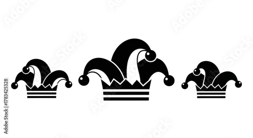 Jester hat icon set in black and white, featuring a trio of fool's caps in varying sizes, symbolizing comedy, fun, and theatrical entertainment.