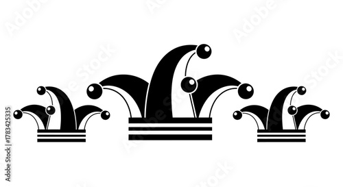 Stylized black and white jester hats graphic illustration, featuring three iconic joker caps with bells for carnival, party, and comedy entertainment.