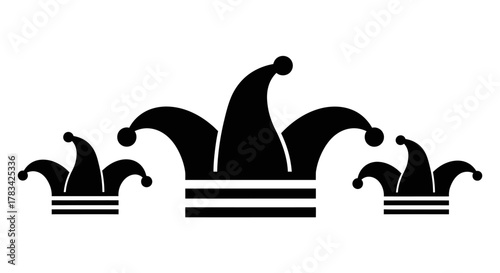 Three black jester hats, like a stylized crown, with multiple pointed tips and small bells, symbolizing humor, entertainment, games, and playful royalty on white.