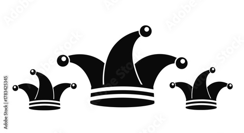 Three iconic black jester hats with white details, varying sizes, symbolizing humor, fun, celebration, and entertainment, presented as a versatile graphic design element.