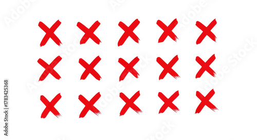 Fifteen hand painted red crosses arranged in three rows on a white background representing rejection or errors