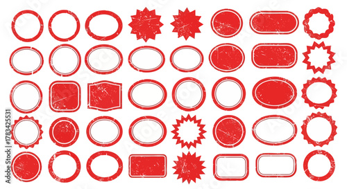 Collection of various distressed red circular oval and starburst shapes with white borders on a white background
