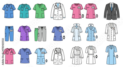 Collection of Medical Scrubs and Coats for Healthcare Professionals.