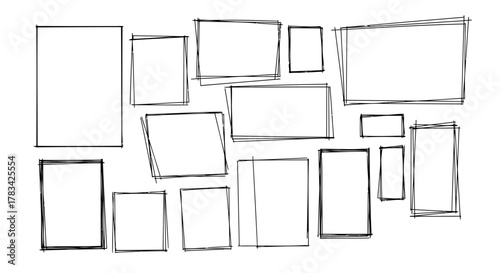 Collection of hand drawn sketchy rectangular frames and boxes on a white background for design and layout