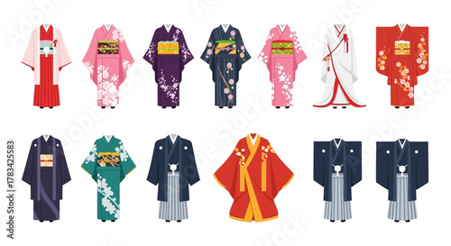 Collection of Traditional Japanese Kimonos and Hakama Outfits.