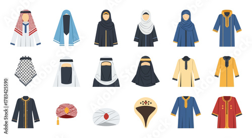 Collection of Traditional Islamic Clothing and Headwear Illustrations.