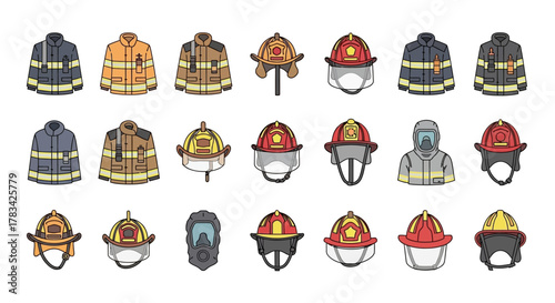 Firefighter Protective Gear Collection Coats and Helmets.