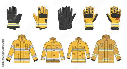 Firefighter Protective Gear Gloves and Jackets Illustration.