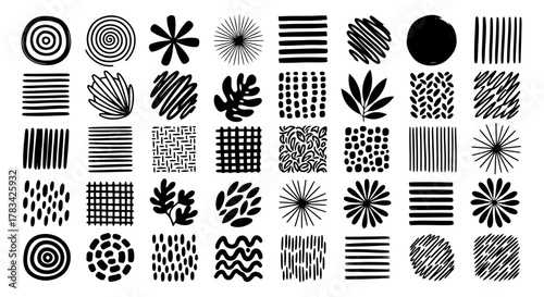 Collection of abstract hand drawn black and white graphic elements and patterns for design