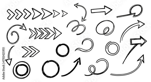 Collection of hand drawn sketchy black arrows and circles on a white background for design and illustration