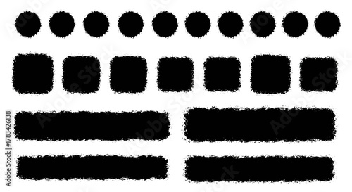 Collection of black textured circles rounded squares and rectangles on a white background abstract graphic elements