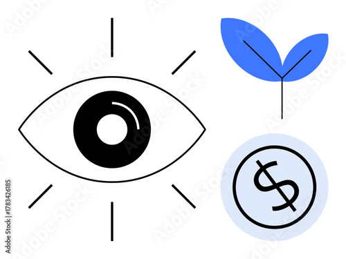 Eye symbol with radiating lines, sprouting leaf, and dollar coin underline insight, sustainability, and wealth. Ideal for business, finance, vision ecology innovation success creativity. A simple