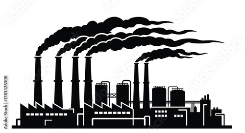 Industrial factory with multiple smoking chimneys, a stark silhouette symbolizing air pollution, climate change, and environmental degradation impacts on atmosphere.