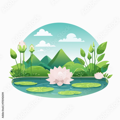 Stylized pond scene with lotus flowers lily pads mountains and sky