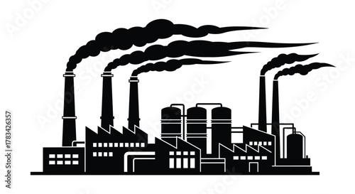 Industrial factory silhouette producing dark smoke, symbolizing air pollution, climate change, carbon emissions, and environmental impact. modern power plant icon.