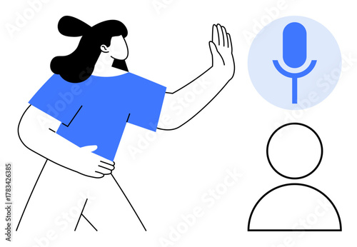 Woman raising hand in refusal near a microphone icon and generic user figure. Ideal for themes of rejection, privacy, personal boundaries, data protection, consent, communication caution, a simple
