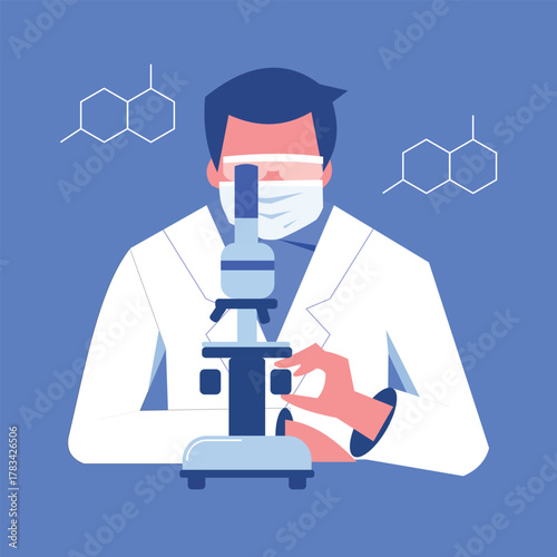 Laboratory research by looking through a microscope. Biotechnology. Stock Illustration