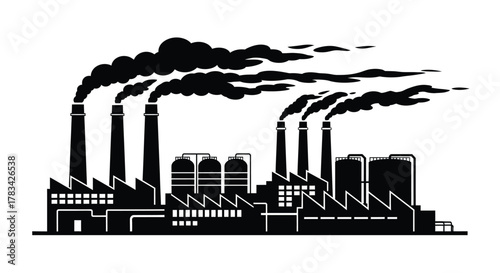 Industrial factory silhouette with multiple smoking chimneys and storage tanks, depicting manufacturing, energy production, and environmental impact icon