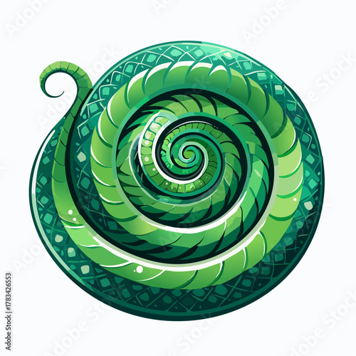 Vibrant green serpent coil illustration with ornamental details and spiraling pattern