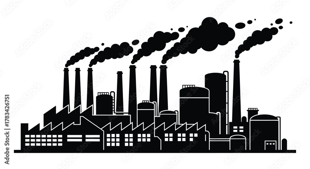 Fototapeta premium Industrial factory silhouette with smoking chimneys illustrating air pollution, environmental impact, and industrialization, depicting a heavy industry plant.
