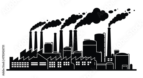 Industrial factory silhouette with smoking chimneys illustrating air pollution, environmental impact, and industrialization, depicting a heavy industry plant.