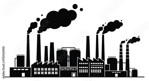Industrial factory complex silhouette with smoking chimneys emitting air pollution, depicting environmental impact of manufacturing and energy production.