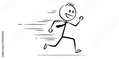 Stickman character or businessman in a tie joyfully running forward at high speed, representing career growth and achieving goals