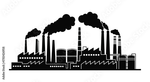 Industrial factory building silhouette with smoking chimneys causing air pollution. manufacturing facility black vector icon on white background, heavy industry illustration.