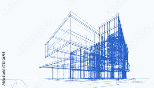Blueprint architectural rendering of modern building with visible interior and exterior details