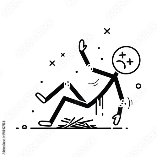 Stick figure man falling down injured with broken body parts and dead eyes, illustration