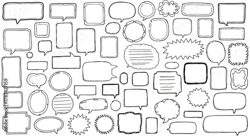 Collection of hand drawn speech bubbles and thought bubbles in various shapes and sizes on a white background