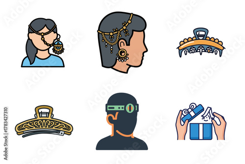 Traditional Indian Jewelry, Elegant Hair Clips, and Gift Icons Set. Outline Style Collection of Women's Accessories and Celebration Graphics.