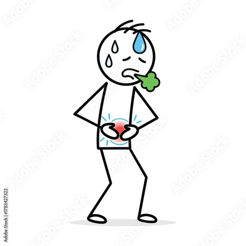 A stick figure experiencing stomach pain, nausea, and sweating, illustrating the discomfort of illness, sickness, or feeling unwell, a common visual representation of health issues