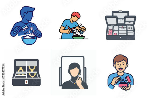 Jewelry Care, Storage, and Wearing Icons Set: Cleaning, Organizing, and Styling Precious Accessories