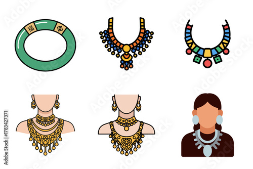 Diverse Ethnic & Traditional Jewelry: Vector Icon Set of Cultural Necklaces, Bracelets, & Earrings