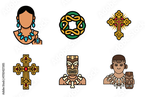 Diverse Cultural and Religious Symbols Vector Set: Indigenous, Celtic, Christian, and Tribal Icons Collection