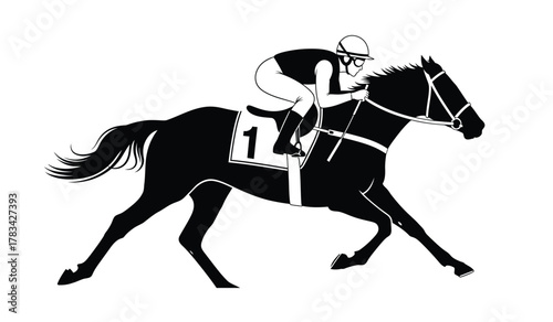 A dynamic silhouette of a racehorse and jockey in full gallop during an intense horse racing competition, showcasing speed and athleticism.