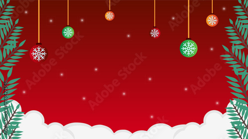A Merry Christmas Greeting Template in Red Color Background with Snowfall, Christmas Ball and Snow decorations. Vector Editable for Greeting Card.
