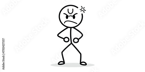 Angry stick figure cartoon character illustration with clenched fists and frustrated expression, showcasing feelings of rage, irritation, and disappointment on a clean white background