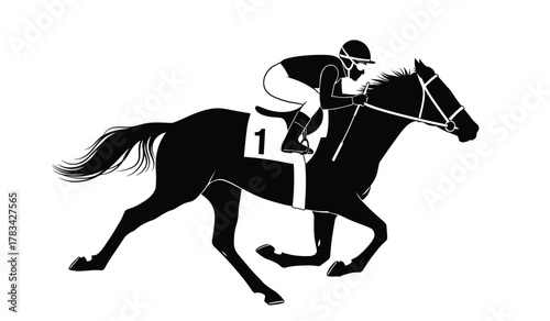 Silhouette illustration of a galloping racehorse with a jockey wearing helmet and number one bib, competing intensely in a speed event.