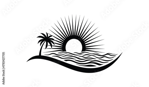 Tropical island beach sunset or sunrise with palm tree and ocean waves, sun rays, graphic vector logo illustration for travel vacation resort