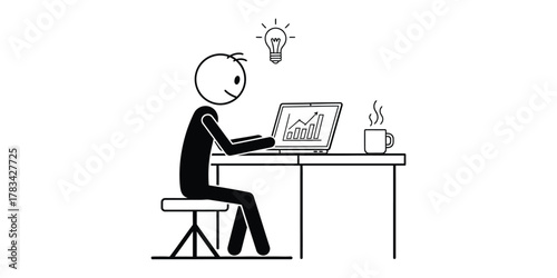 Stick figure entrepreneur working on a laptop at a desk with a steaming coffee cup and a graph displaying growth