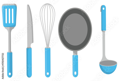 Kitchen utensil set including spatula knife whisk pan and ladle vector illustration isolated on white background