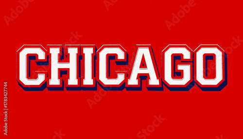 Bold, white-and-blue outlined text "CHICAGO" on a deep red background. Text has a 3D effect