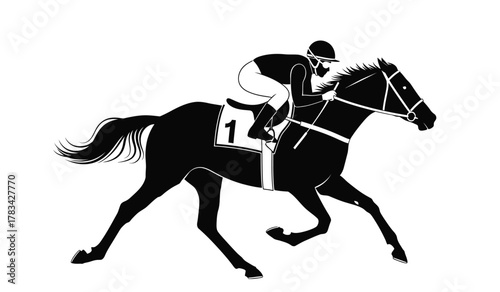 Dynamic silhouette of a jockey and racehorse in full gallop, competing intensely with number one on saddle, showcasing speed and equestrian sport action