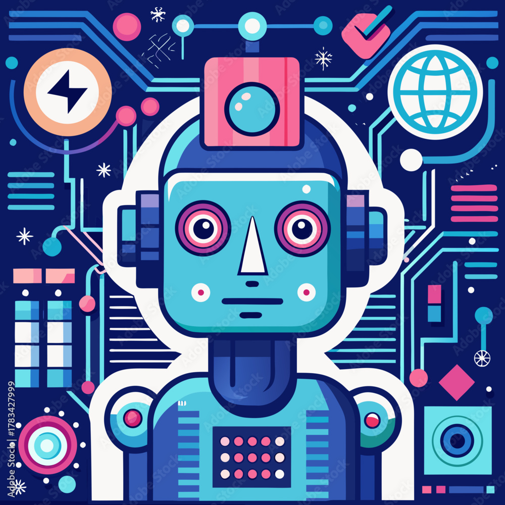 Naklejka premium Futuristic robot with circuit board background and technology icons
