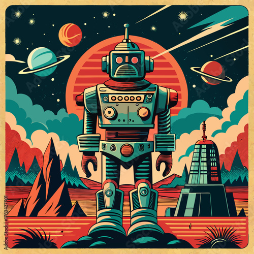 Retro robot stands tall on alien planet under starry sky